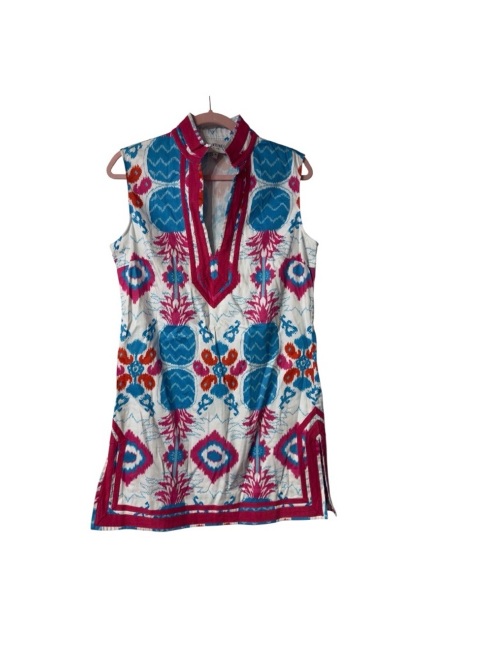 Elizabeth McKay Pink, Blue & Coral Ikat Print Tunic Sz 6 (TXA957)